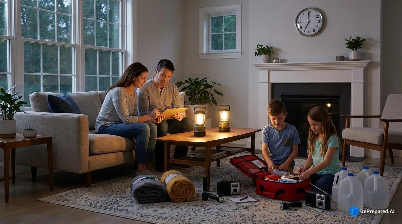 Family preparing emergency supplies by lantern light in living room at dusk