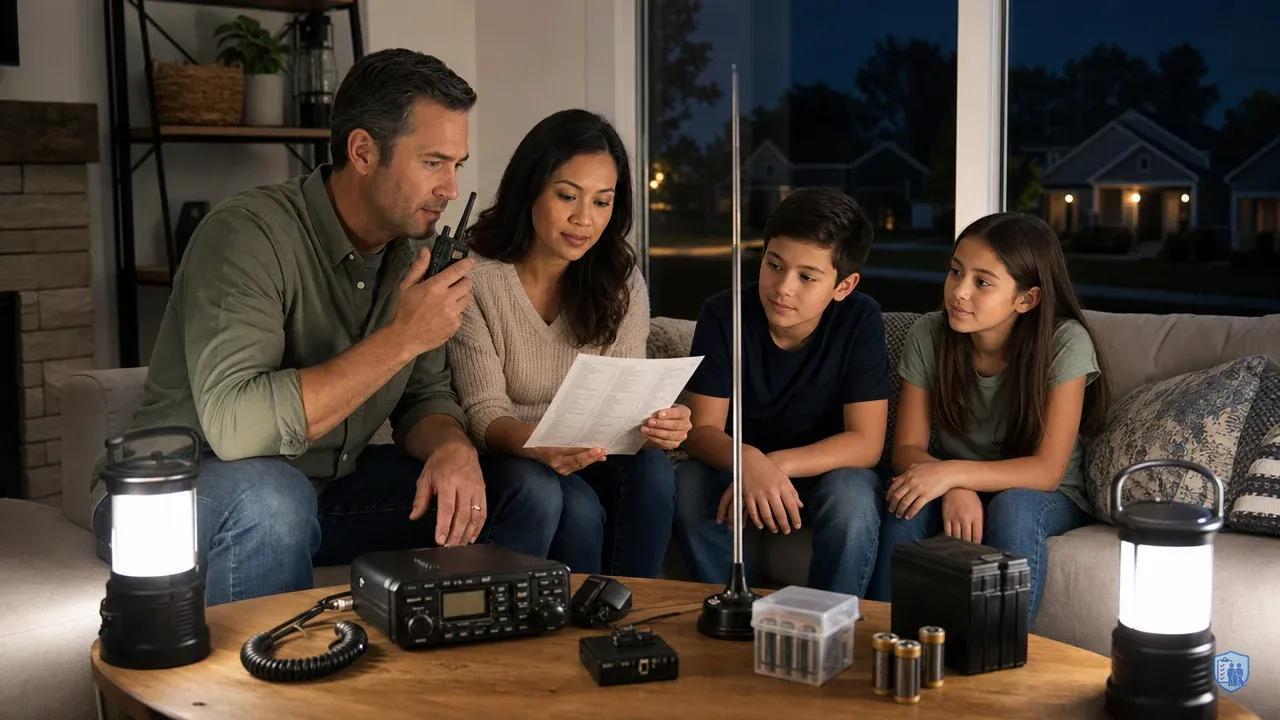 Family with emergency radios and lanterns during neighborhood power outage