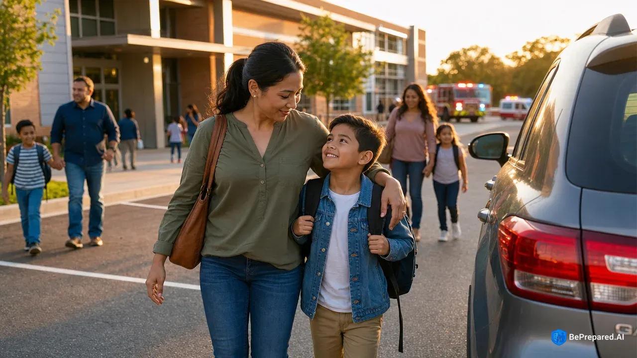 Parent and child walking together from school to car during pickup with other families in background