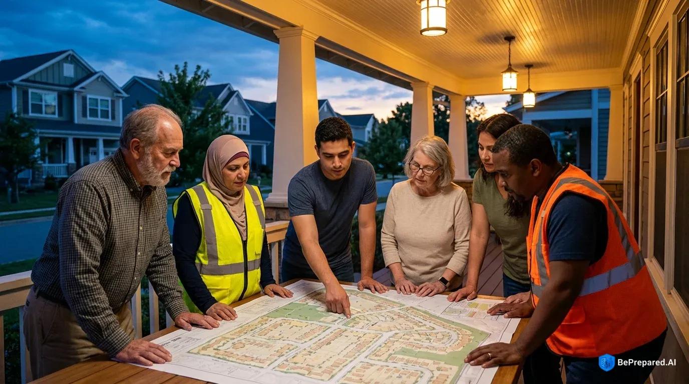 Diverse group of neighbors reviewing map on well-lit front porch during neighborhood watch meeting