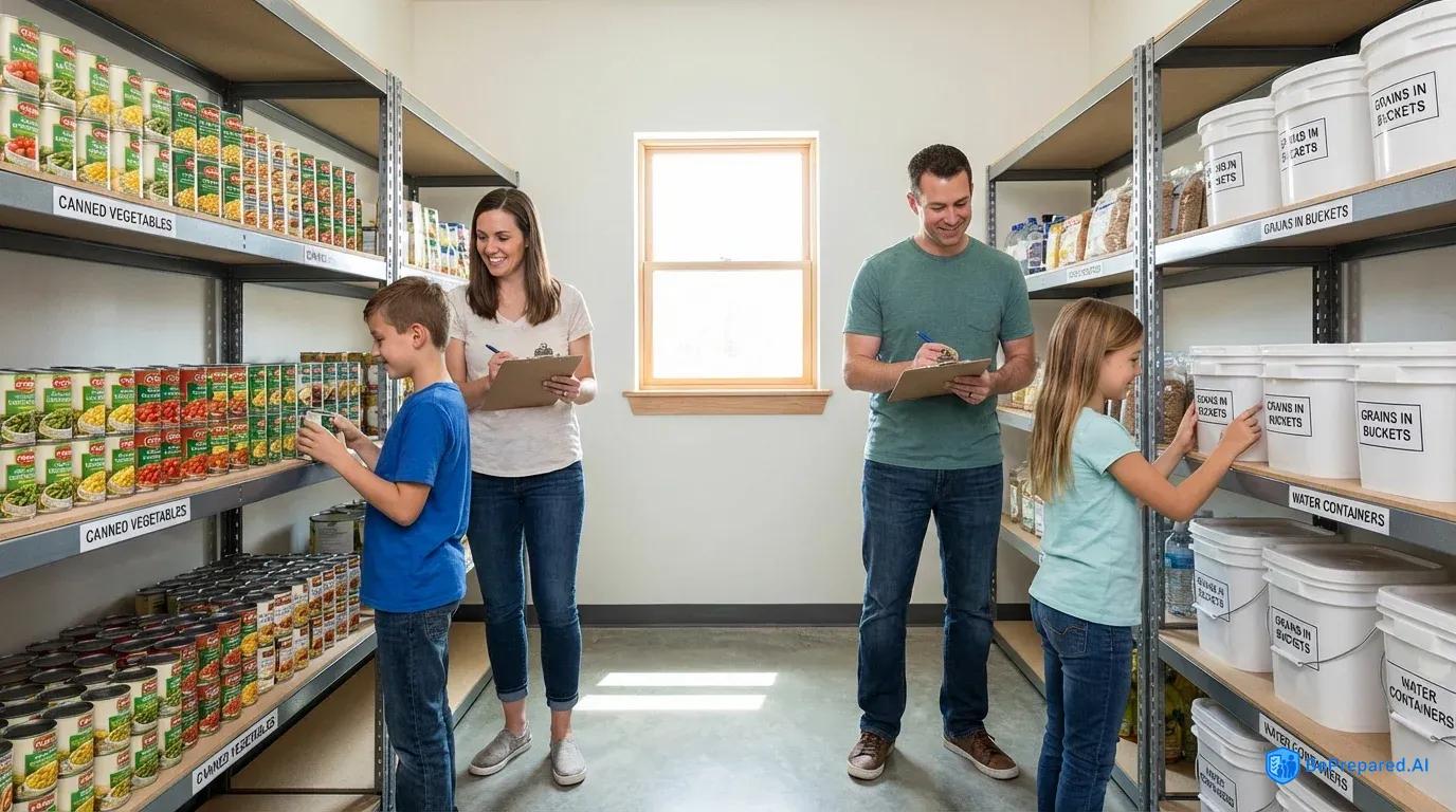Family taking inventory in organized home food storage pantry with labeled shelves and supplies