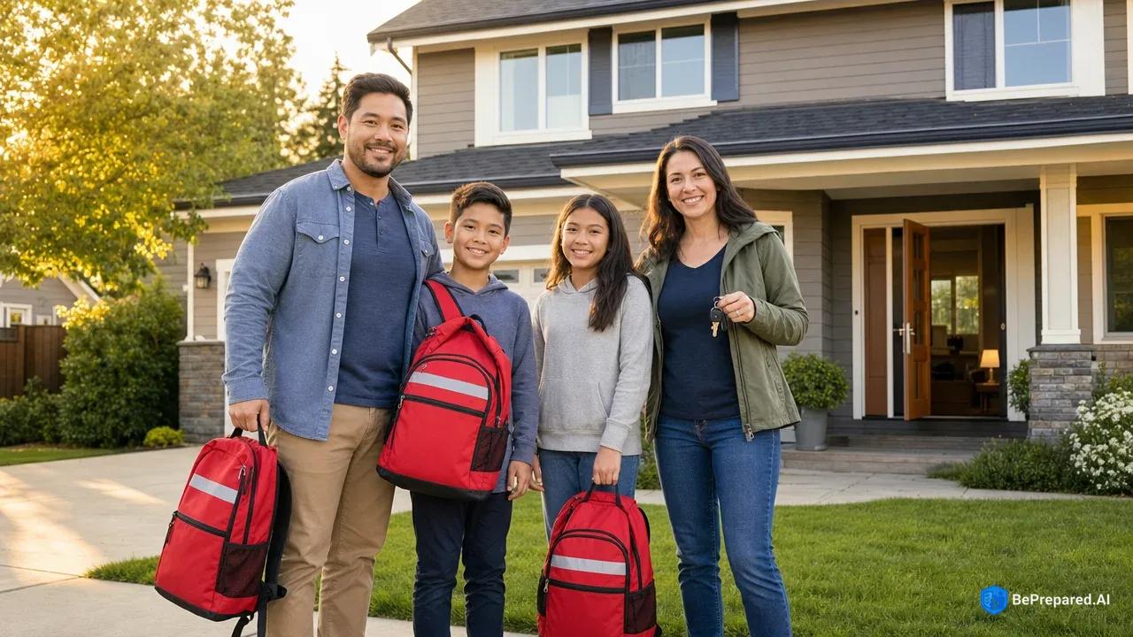 Family of four with emergency bags standing calmly on front lawn of two-story home