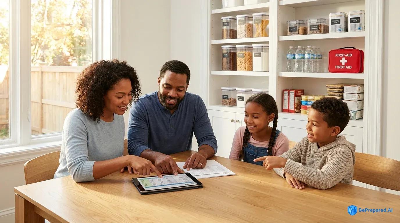 Family reviewing financial documents together with emergency supplies organized in background