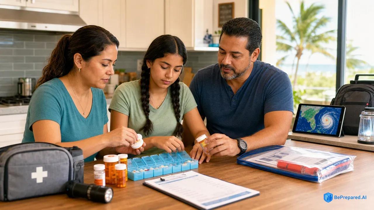 Hispanic family organizing prescription medications into waterproof containers for hurricane preparedness