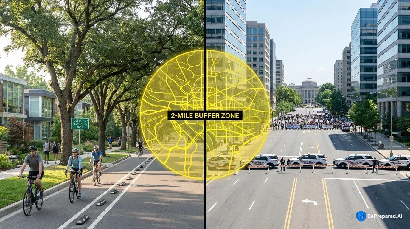 Split view of urban streets: quiet residential route with cyclists versus main road with distant protest