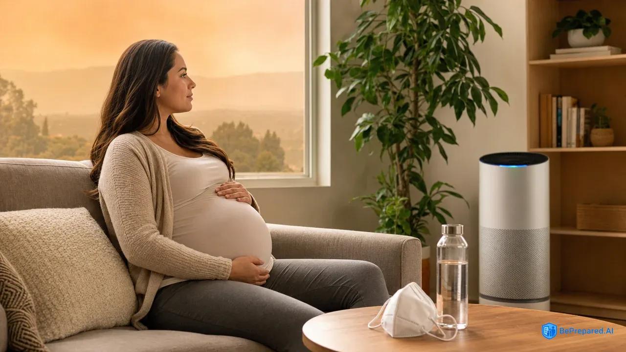Pregnant woman sitting in living room with N95 mask and air purifier, looking at smoky sky outside window