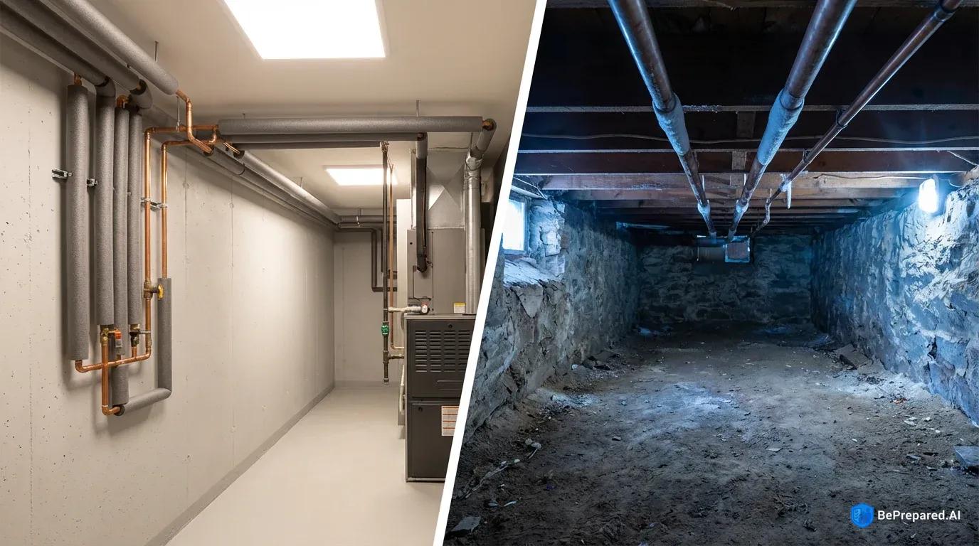 Split view comparing protected and unprotected pipes in winter conditions
