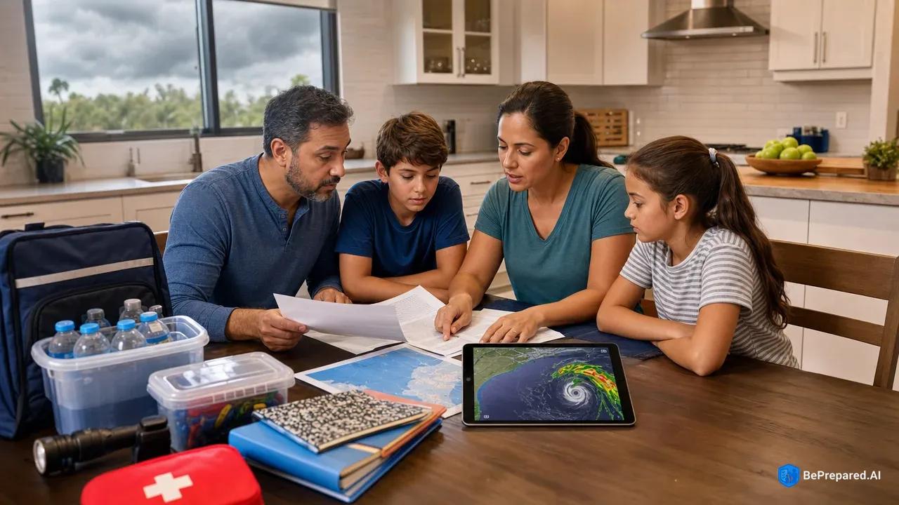 Homeschool family reviewing hurricane emergency plans at kitchen table with supplies visible