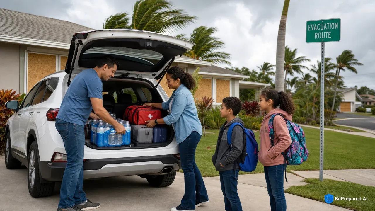 Family loading emergency supplies into SUV with evacuation route sign visible in suburban neighborhood
