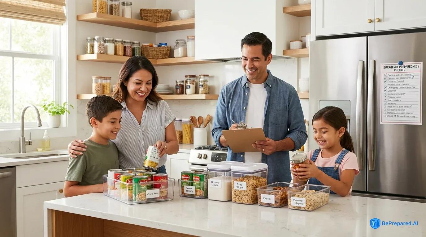 Family organizing emergency food supplies in pantry with labeled containers and checklist