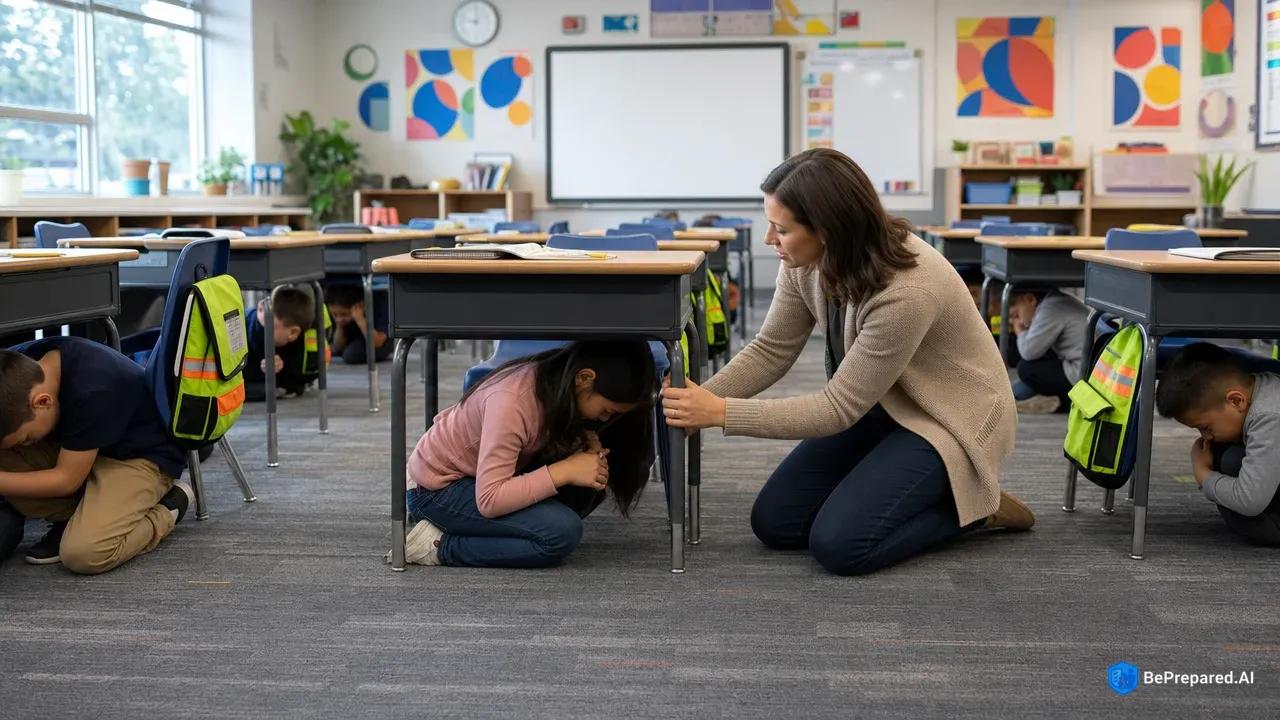 Elementary students practicing earthquake drill under desks with teacher guidance