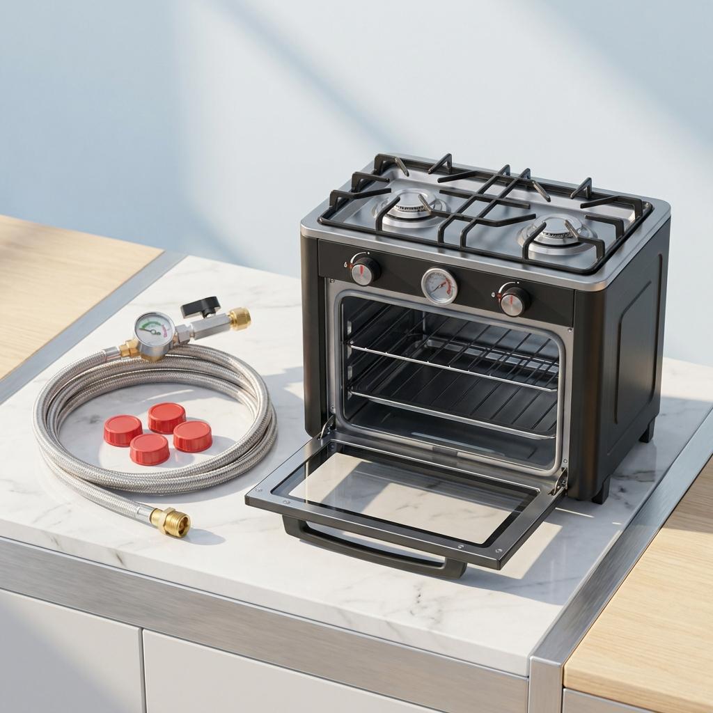 Portable 2 burner propane stove & oven with propane tank hose