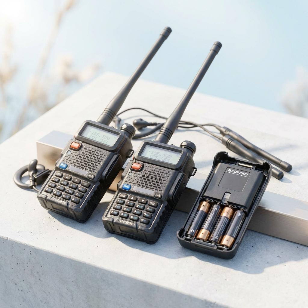 Pair - Baofeng Premium Radio, with long range antenna, rechargeable battery and alkaline battery case