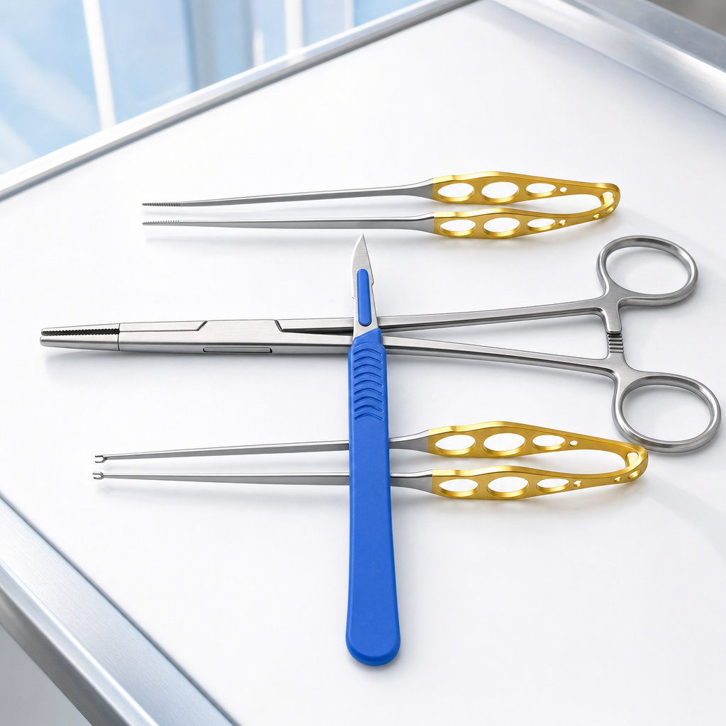 Minor surgery instrument set - needle holder, forceps and scalpel