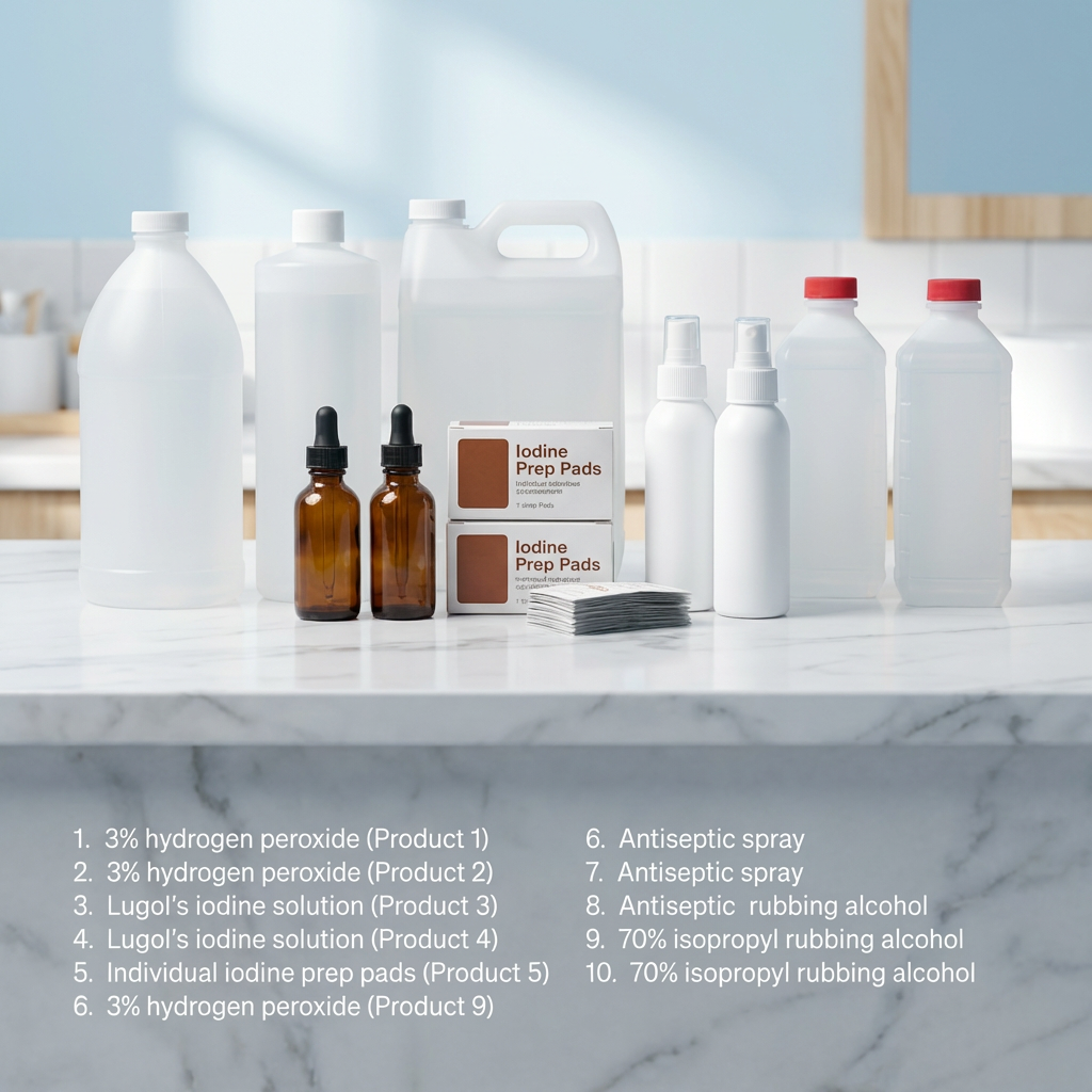 Iodine, hydrogen peroxide, rubbing alcohol, antiseptic spray