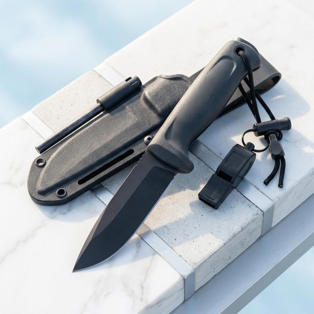 Survival knife, sheath, sharpener, ferro rod kit